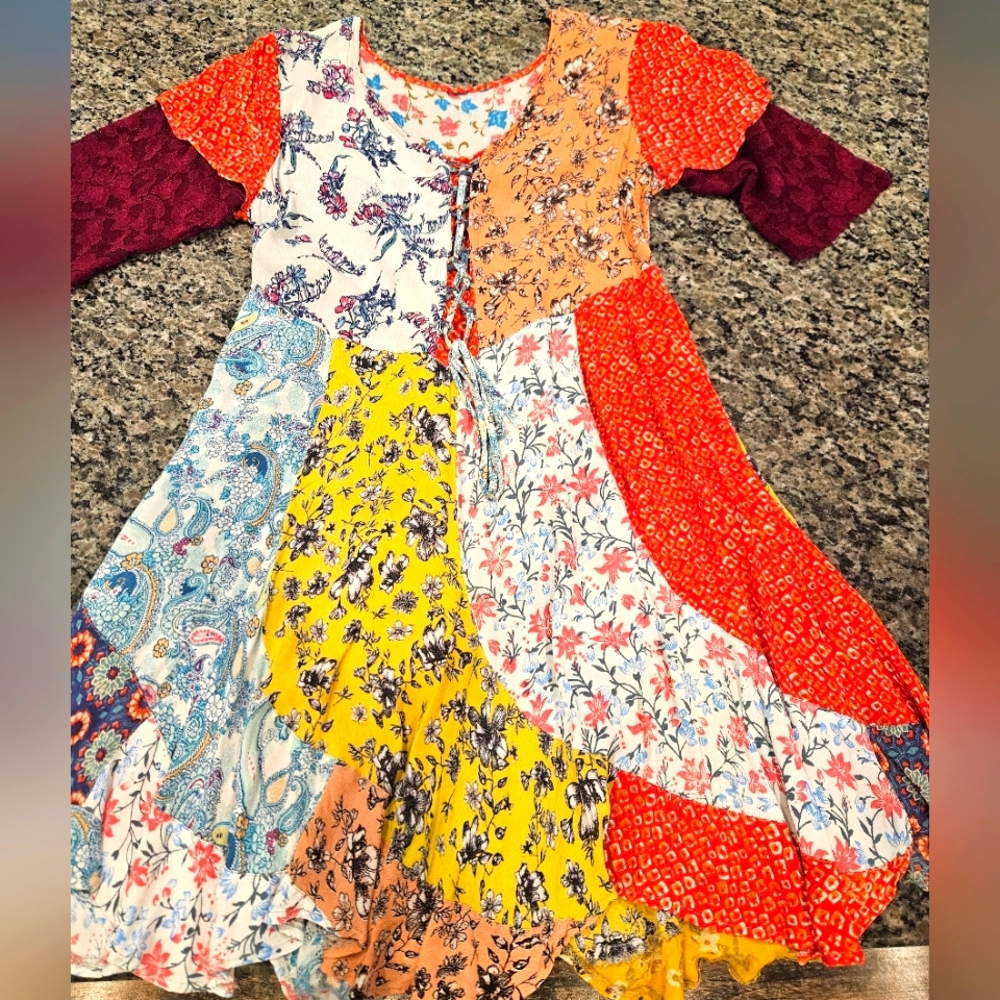 Colorful Patchwork Hippie Boho Dress, Medium